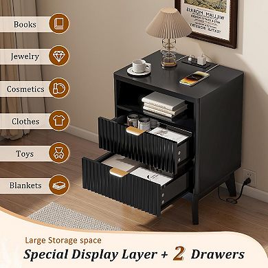 19.7" Fluted Nightstand Charging Station 2-Drawer Bedside Table