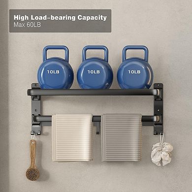 Bathroom Towel Rack Shelf Foldable Bar 7 Hooks Wall Mount