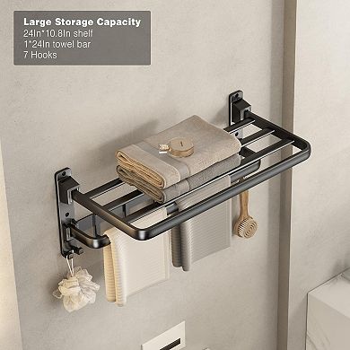 Bathroom Towel Rack Shelf Foldable Bar 7 Hooks Wall Mount