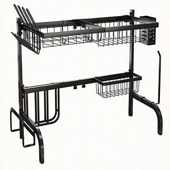 Over Sink Adjustable 2 tier Dish Rack with Hooks Paper Towel Holder