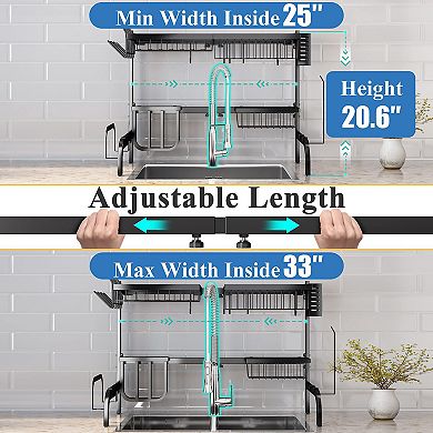 Over Sink Adjustable 2-Tier Dish Rack with Hooks Paper Towel Holder