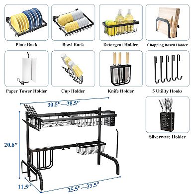 Over Sink Adjustable 2-Tier Dish Rack with Hooks Paper Towel Holder