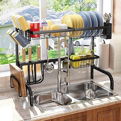 Over Sink Adjustable 2-Tier Dish Rack with Hooks Paper Towel Holder