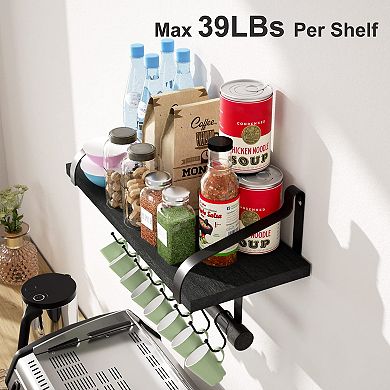 Set of 2 Floating Shelf Sets with Hooks for Coffee Bar Bathroom Kitchen Bedroom 17.3 Inch