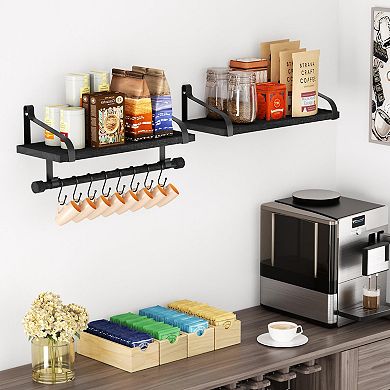 Set of 2 Floating Shelf Sets with Hooks for Coffee Bar Bathroom Kitchen Bedroom 17.3 Inch