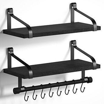 Set of 2 Floating Shelf Sets with Hooks for Coffee Bar Bathroom Kitchen Bedroom 17.3 Inch