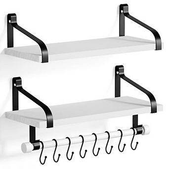 Set of 2 Floating Shelf Sets with Hooks for Coffee Bar Bathroom Kitchen Bedroom 17.3 Inch