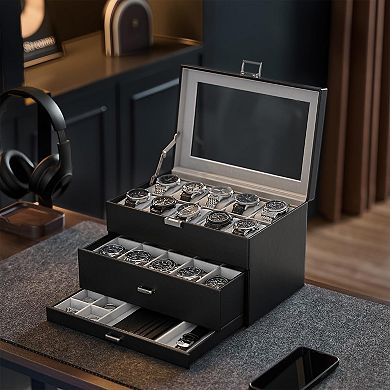 20 Slot Watch Box 3 Layer Glass Lid Drawer Organizer