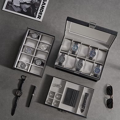 20 Slot Watch Box 3 Layer Glass Lid Drawer Organizer