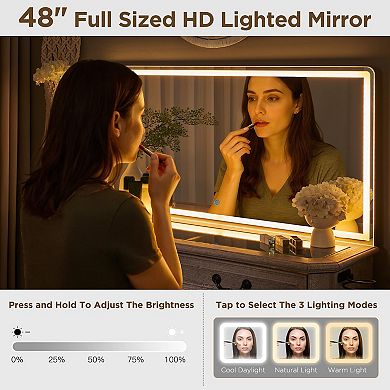 48'' LED Vanity Desk with Mirror 8 Drawers Glass Top 3 Color Lights