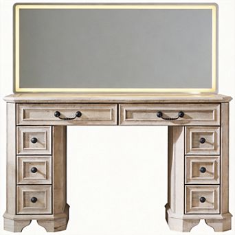48'' LED Vanity Desk with Mirror 8 Drawers Glass Top 3 Color Lights