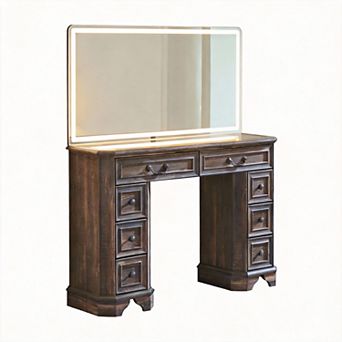 48'' LED Vanity Desk with Mirror 8 Drawers Glass Top 3 Color Lights