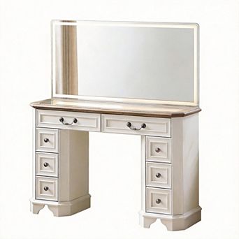48'' LED Vanity Desk with Mirror 8 Drawers Glass Top 3 Color Lights
