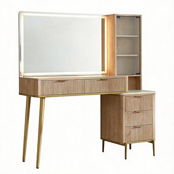 48" Fluted Vanity Desk with Lighted Mirror Glass Top 5 Drawers Shelves