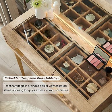 48" Fluted Vanity Desk with Lighted Mirror Glass Top 5 Drawers Shelves