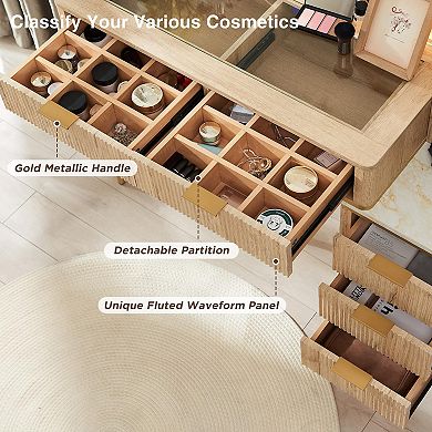 48" Fluted Vanity Desk with Lighted Mirror Glass Top 5 Drawers Shelves