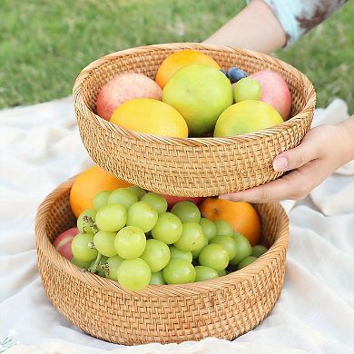 Set of 3 Handmade Rattan Bread Fruit Wicker Serving Storage Kitchen Bowl