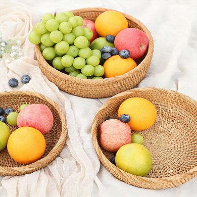 Set of 3 Handmade Rattan Bread Fruit Wicker Serving Storage Kitchen Bowl