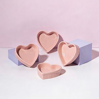 Pink Heart Ramekin Set 4pc 8oz Ceramic Oven Dishwasher Safe