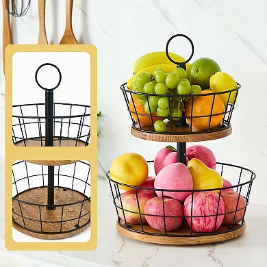 2 Tier Wire Fruit Bowl with Wood Base and Anti-Slip Pads 12 inch