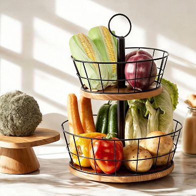 2 Tier Wire Fruit Bowl with Wood Base and Anti-Slip Pads 12 inch