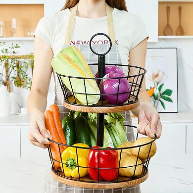 2 Tier Wire Fruit Bowl with Wood Base and Anti-Slip Pads 12 inch
