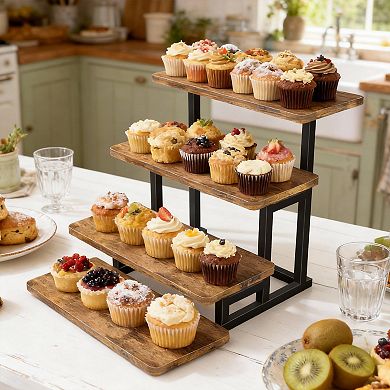 4 Tier Cupcake Display Stand Wooden Risers Metal Frame Party Tray