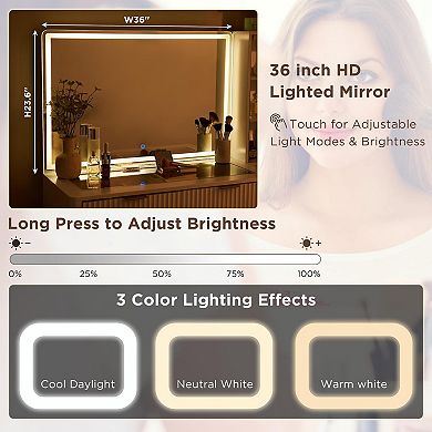 48" Fluted Vanity Desk with Lighted Mirror Glass Top Drawers Shelves Charging 5 Drawers