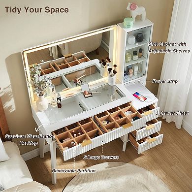 48" Fluted Vanity Desk with Lighted Mirror Glass Top Drawers Shelves Charging 5 Drawers