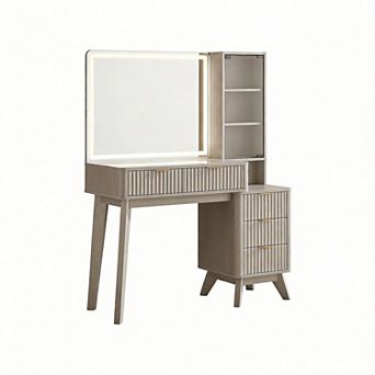 48" Fluted Vanity Desk with Lighted Mirror Glass Top Drawers Shelves Charging 5 Drawers