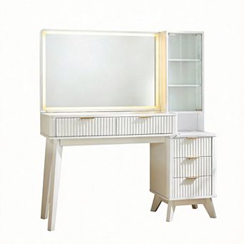 48" Fluted Vanity Desk with Lighted Mirror Glass Top Drawers Shelves Charging 5 Drawers