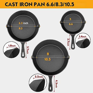 Pre-seasoned Cast Iron Skillet Sets with Heat-resistant Handles Oven Safe 3pc