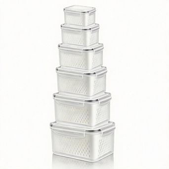 Fridge Stackable Bins Produce Containers with Airtight Lid & Colander 6 pc