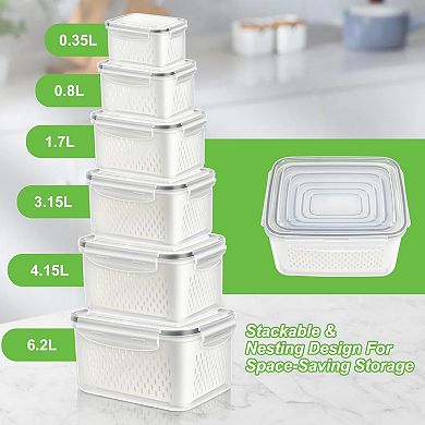 Fridge Stackable Bins Produce Containers with Airtight Lid & Colander 6pc