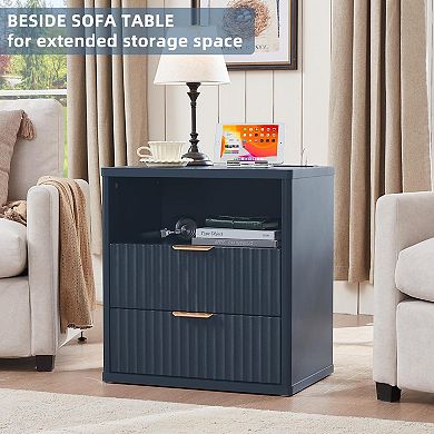 23" Fluted Nightstand Charging Station Farmhouse Bedside Cabinet 2 Drawers
