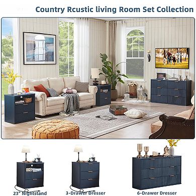 23" Fluted Nightstand Charging Station Farmhouse Bedside Cabinet 2 Drawers