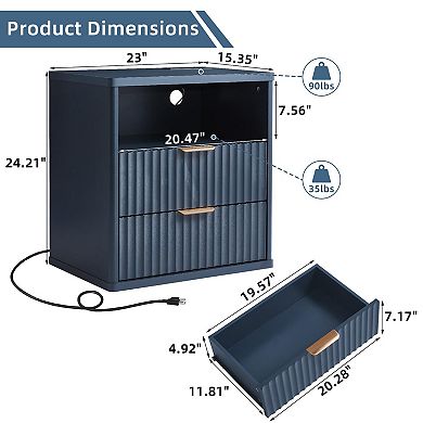 23" Fluted Nightstand Charging Station Farmhouse Bedside Cabinet 2 Drawers