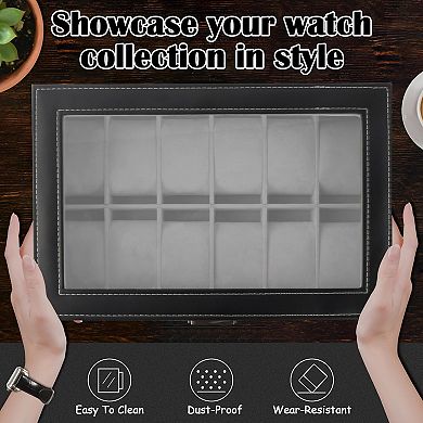 PU Leather Lockable Watch Box 12 Slot 2-Tier Glass Lid Organizer
