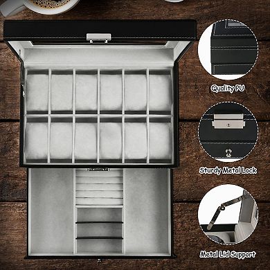 PU Leather Lockable Watch Box 12 Slot 2-Tier Glass Lid Organizer