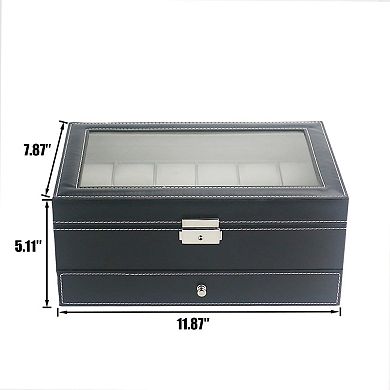 PU Leather Lockable Watch Box 12 Slot 2-Tier Glass Lid Organizer