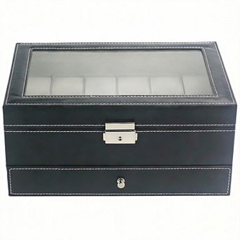 PU Leather Lockable Watch Box 12 Slot 2 tier Glass Lid Organizer