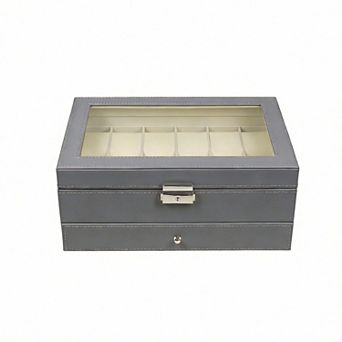PU Leather Lockable Watch Box 12 Slot 2 tier Glass Lid Organizer