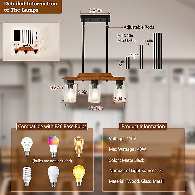 Farmhouse Chandelier Rustic Kitchen Island Light with Clear Glass shades