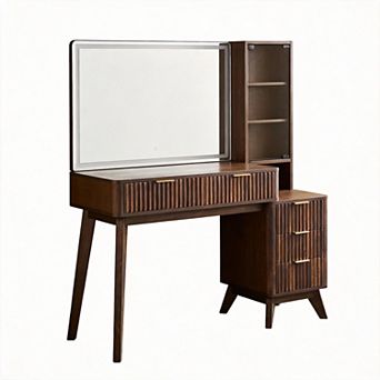 48" Fluted Vanity Desk with Lighted HD Mirror Glass Top Adjustable Shelves Charging 5 Drawers