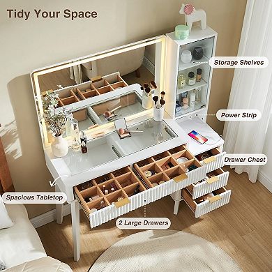 48" Fluted Vanity Desk with Lighted HD Mirror Glass Top Adjustable Shelves Charging 5 Drawers