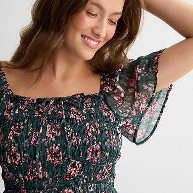 Juniors' Rewind Flutter Sleeve Ruffle Tie Neck Skater Dress