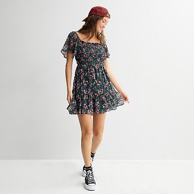 Juniors' Rewind Flutter Sleeve Ruffle Tie Neck Skater Dress
