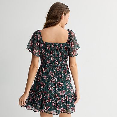 Juniors' Rewind Flutter Sleeve Ruffle Tie Neck Skater Dress