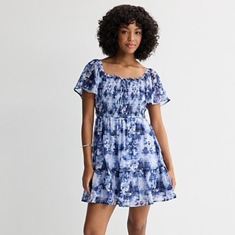 Juniors' Rewind Flutter Sleeve Ruffle Tie Neck Skater Dress