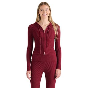 Juniors' madden girl Ribbed Hooded Double Zip Front Cardigan